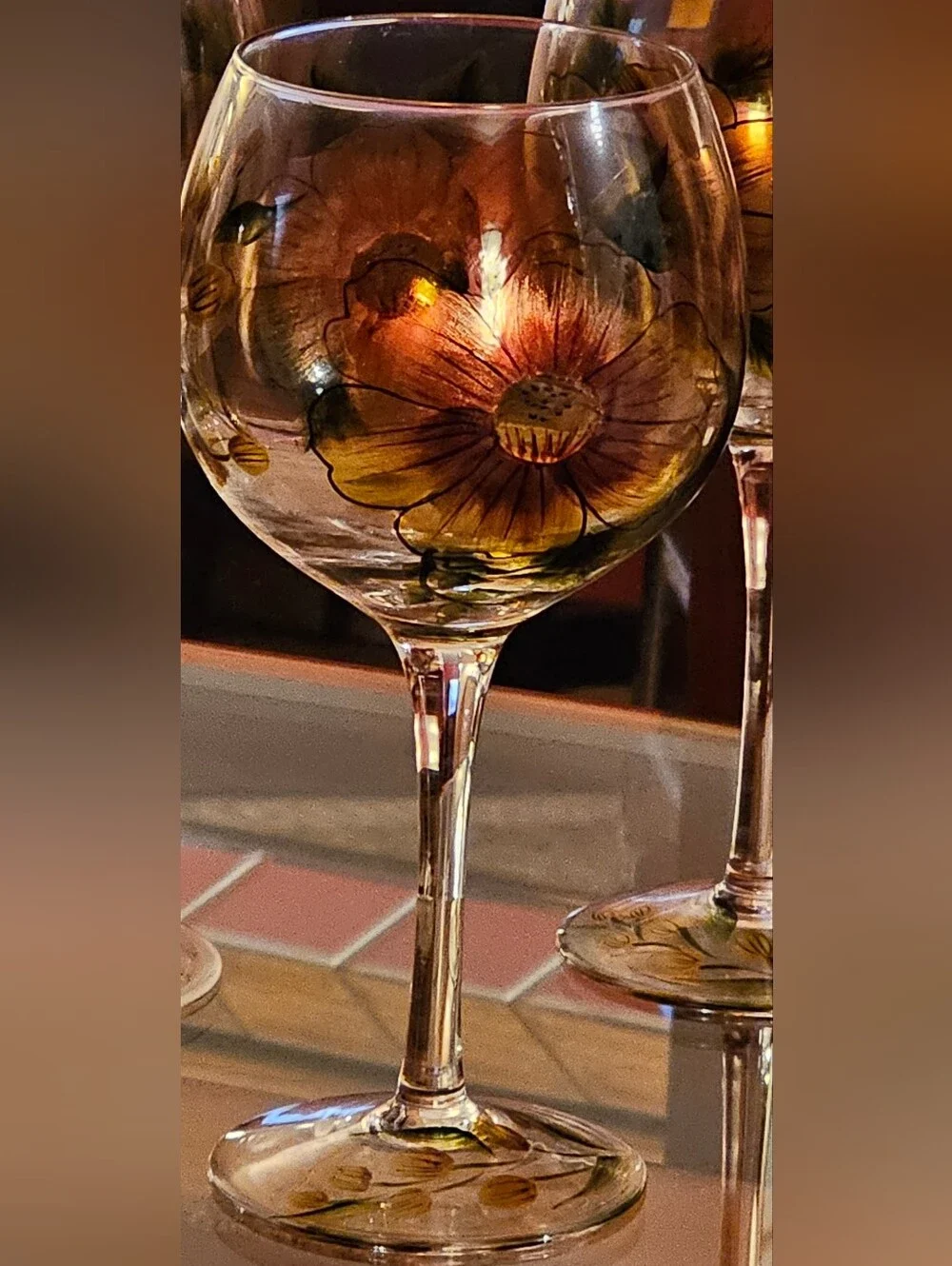Pier 1 Moth-Blown. Hand-Painted Floral Wine Glasses in Yellow & Green-Set of 4